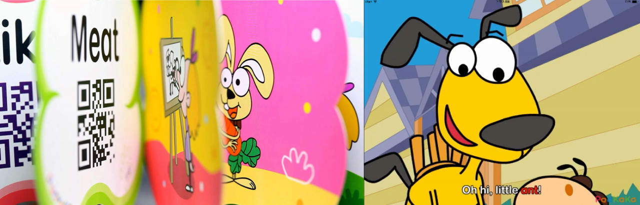 (左) PadKaKa單字卡形狀是狗骨頭形狀 (右) PadKaKa卡通 Ant畫面