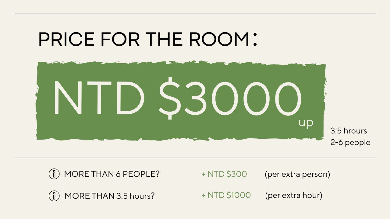 The room price above does not include the cooking ingredients, but we do offer pre-prepared ingredients accompanied by English recipes at a cost of 350 NTD per person.