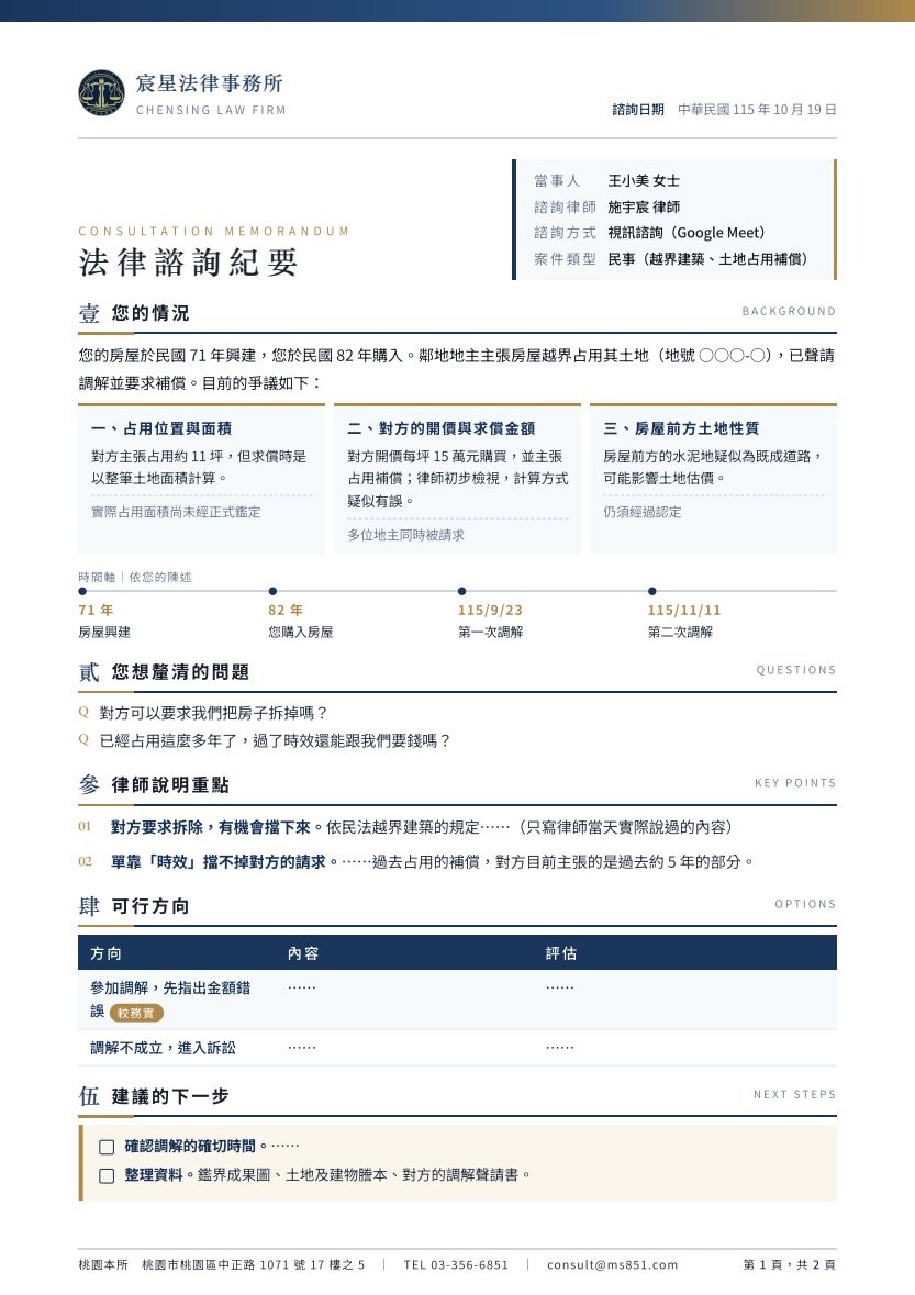 法律諮詢紀要範例（去識別化）